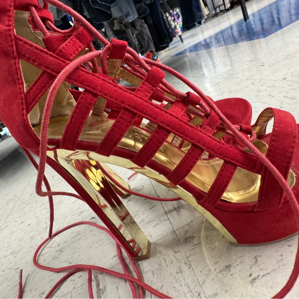 Gold and Red Strappy Stiletto Heels